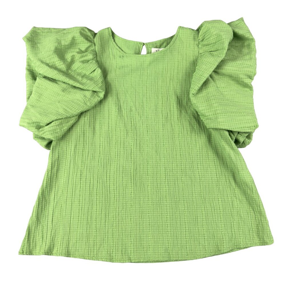 THML Green Puff Sleeve Blouse M Textured Grid Top Statement Ruffle Sleeve